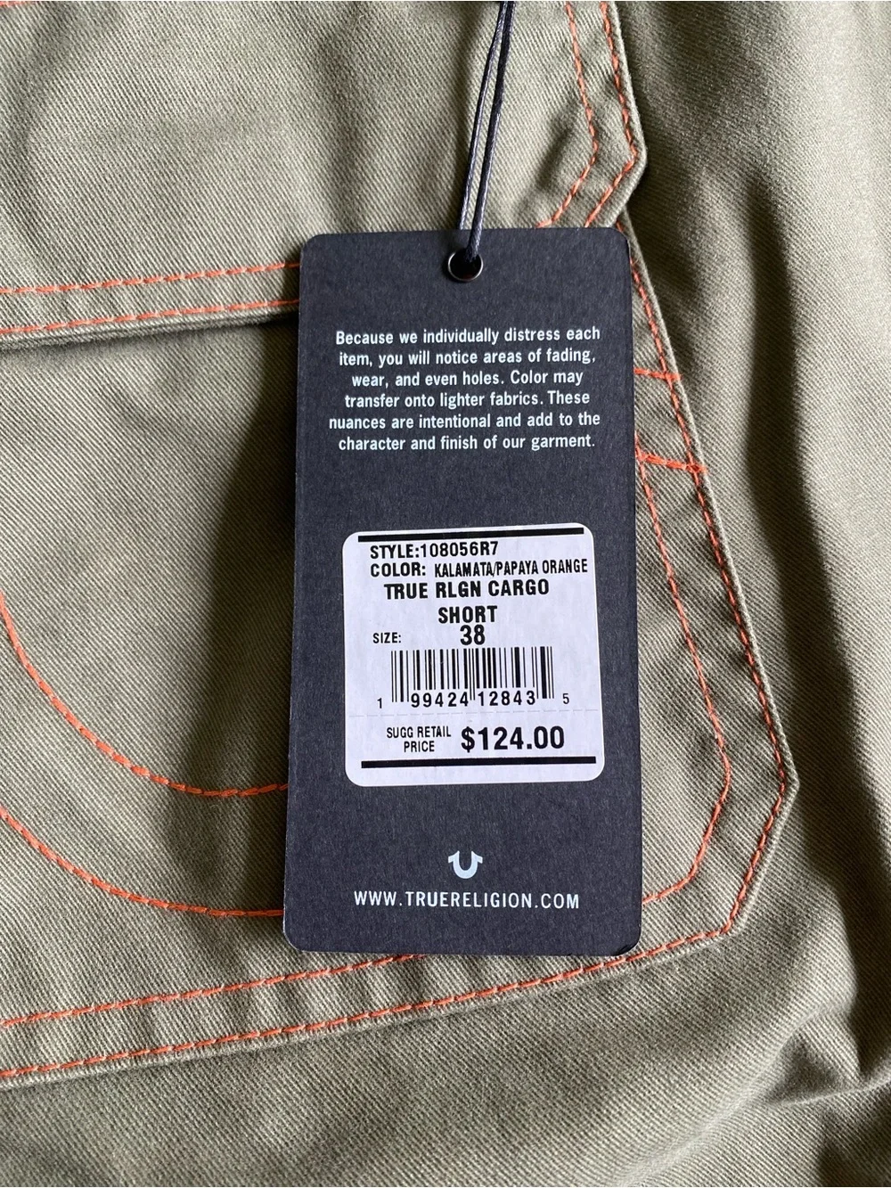 NEW True religion men's green cargo shorts 108056R7 Size 38